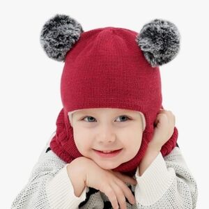 Red Knit Hat with Pom Poms